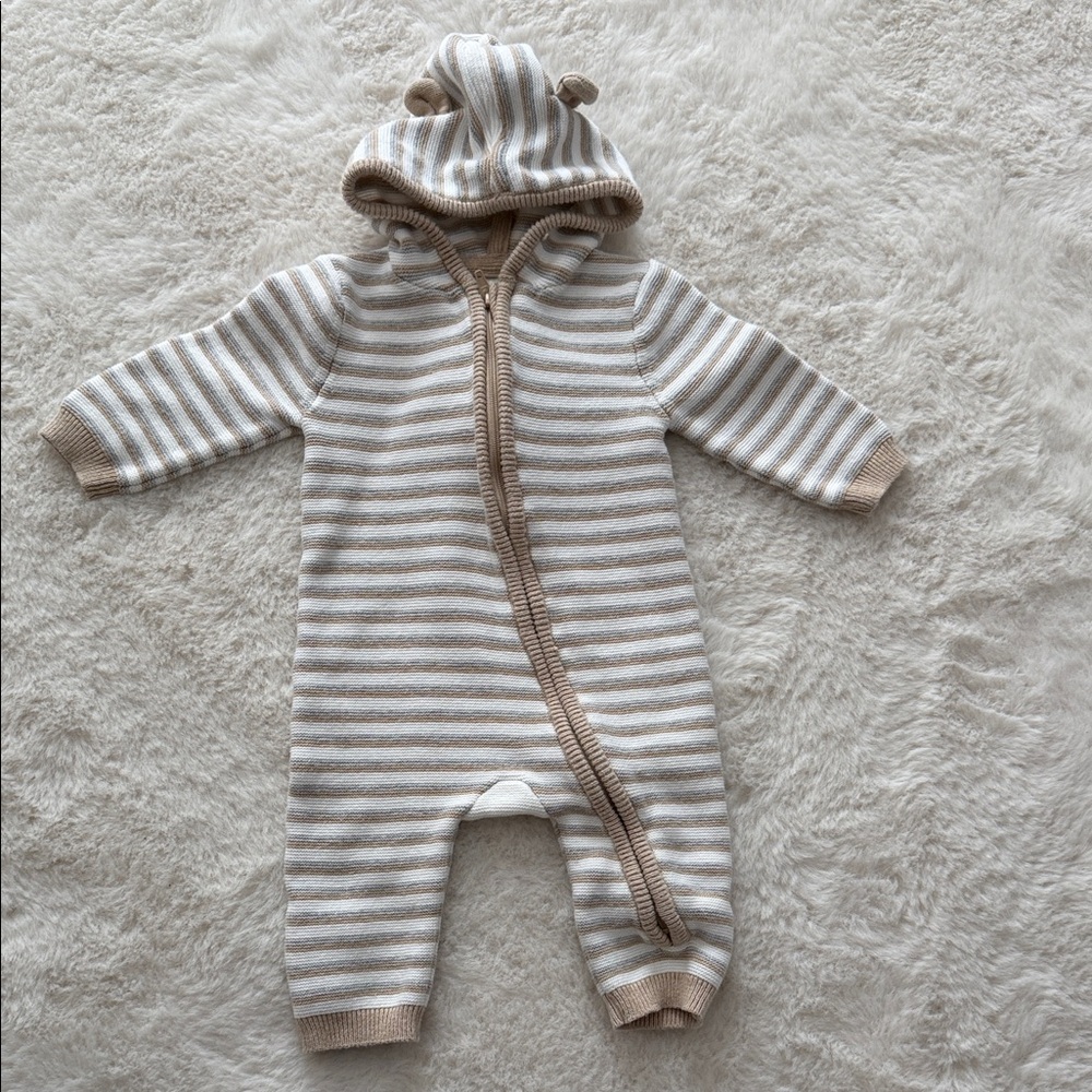 Little Me Cream and Tan Striped Hooded Footie